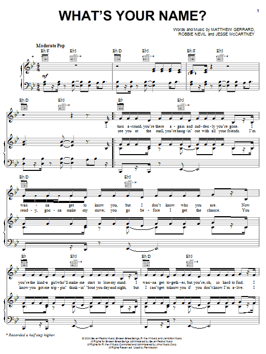 Learn to play Jesse McCartney What's Your Name? sheet music for Piano, Vocal & Guitar Chords (Right-Hand Melody) in minutes. Price: 7.8900$ Jesse McCartney What's Your Name? sheet music notes and chords arranged for Piano, Vocal & Guitar Chords (Right-Hand Melody)