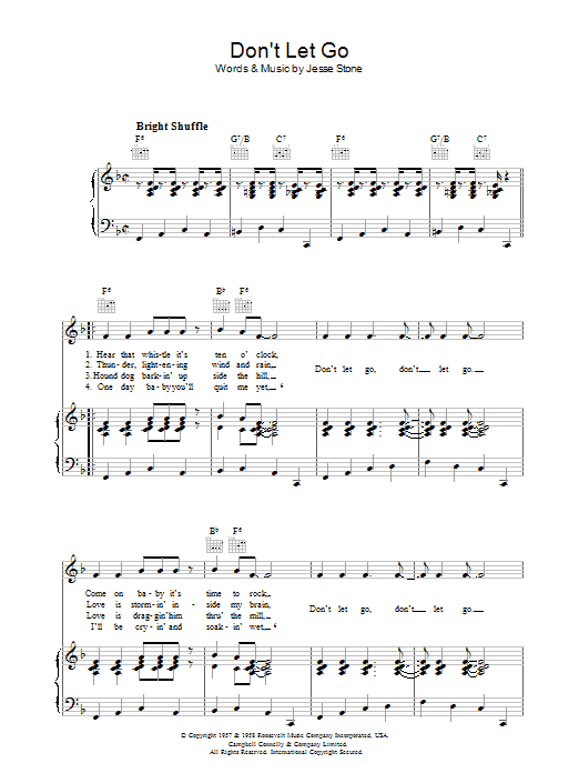 Learn to play Jesse Stone Don't Let Go sheet music for Piano, Vocal & Guitar Chords in minutes. Price: 7.8900$ Jesse Stone Don't Let Go sheet music notes and chords arranged for Piano, Vocal & Guitar Chords