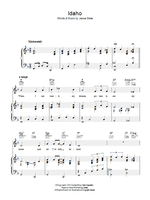 Learn to play Jesse Stone Idaho sheet music for Piano, Vocal & Guitar Chords in minutes. Price: 7.8900$ Jesse Stone Idaho sheet music notes and chords arranged for Piano, Vocal & Guitar Chords