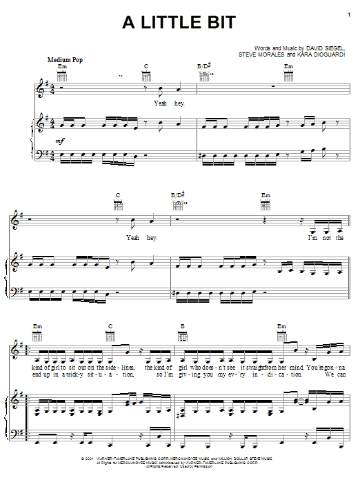 Learn to play Jessica Simpson A Little Bit sheet music for Piano, Vocal & Guitar Chords (Right-Hand Melody) in minutes. Price: 7.8900$ Jessica Simpson A Little Bit sheet music notes and chords arranged for Piano, Vocal & Guitar Chords (Right-Hand Melody)