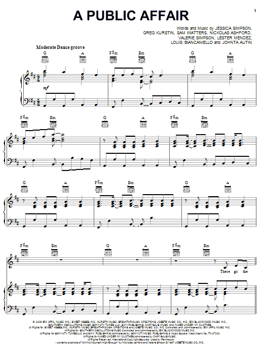 Learn to play Jessica Simpson A Public Affair sheet music for Piano, Vocal & Guitar Chords (Right-Hand Melody) in minutes. Price: 7.8900$ Jessica Simpson A Public Affair sheet music notes and chords arranged for Piano, Vocal & Guitar Chords (Right-Hand Melody)