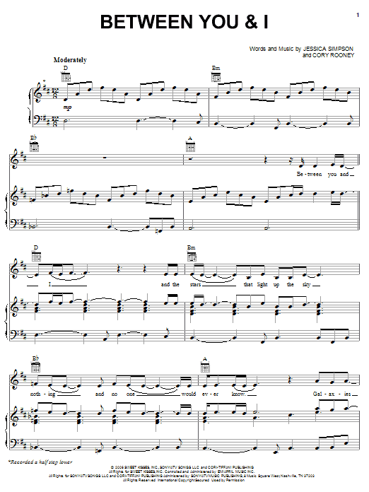 Learn to play Jessica Simpson Between You And I sheet music for Piano, Vocal & Guitar Chords (Right-Hand Melody) in minutes. Price: 7.8900$ Jessica Simpson Between You And I sheet music notes and chords arranged for Piano, Vocal & Guitar Chords (Right-Hand Melody)