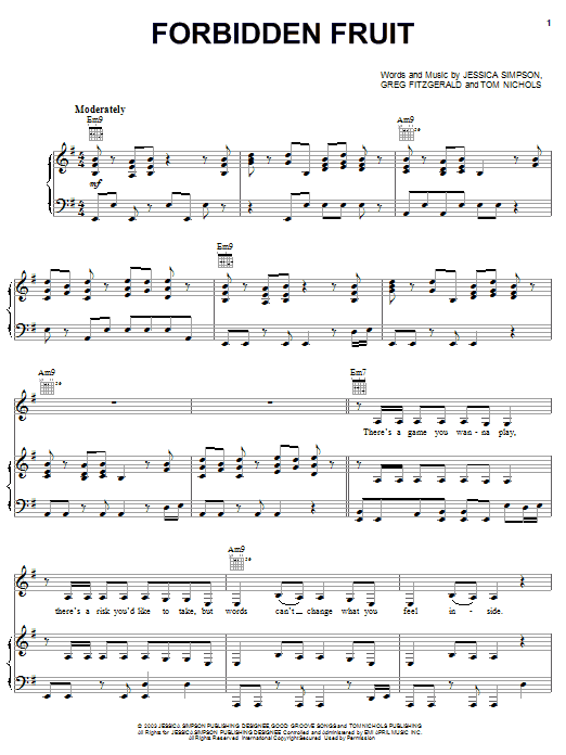 Learn to play Jessica Simpson Forbidden Fruit sheet music for Piano, Vocal & Guitar Chords (Right-Hand Melody) in minutes. Price: 7.8900$ Jessica Simpson Forbidden Fruit sheet music notes and chords arranged for Piano, Vocal & Guitar Chords (Right-Hand Melody)
