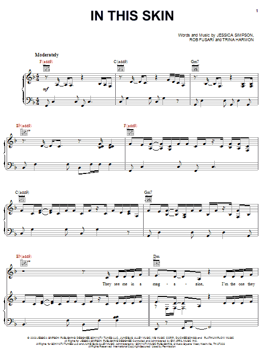 Learn to play Jessica Simpson In This Skin sheet music for Piano, Vocal & Guitar Chords (Right-Hand Melody) in minutes. Price: 7.8900$ Jessica Simpson In This Skin sheet music notes and chords arranged for Piano, Vocal & Guitar Chords (Right-Hand Melody)