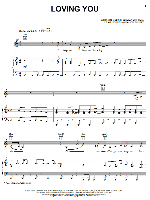 Learn to play Jessica Simpson Loving You sheet music for Piano, Vocal & Guitar Chords (Right-Hand Melody) in minutes. Price: 7.8900$ Jessica Simpson Loving You sheet music notes and chords arranged for Piano, Vocal & Guitar Chords (Right-Hand Melody)