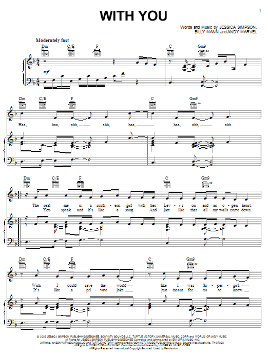 Learn to play Jessica Simpson With You sheet music for Piano, Vocal & Guitar Chords (Right-Hand Melody) in minutes. Price: 7.8900$ Jessica Simpson With You sheet music notes and chords arranged for Piano, Vocal & Guitar Chords (Right-Hand Melody)