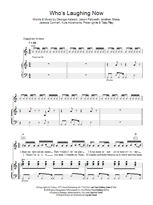 Learn to play Jessie J Who's Laughing Now sheet music for Piano, Vocal & Guitar Chords in minutes. Price: 7.8900$ Jessie J Who's Laughing Now sheet music notes and chords arranged for Piano, Vocal & Guitar Chords