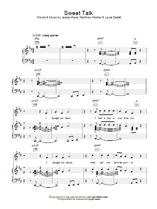 Learn to play Jessie Ware Sweet Talk sheet music for Piano, Vocal & Guitar Chords in minutes. Price: 7.8900$ Jessie Ware Sweet Talk sheet music notes and chords arranged for Piano, Vocal & Guitar Chords