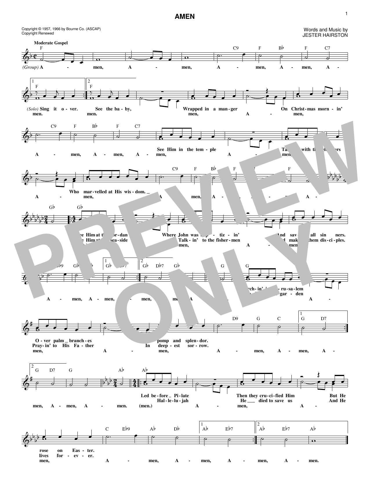 Learn to play Jester Hairston Amen sheet music for Lead Sheet / Fake Book in minutes. Price: 5.9900$ Jester Hairston Amen sheet music notes and chords arranged for Lead Sheet / Fake Book