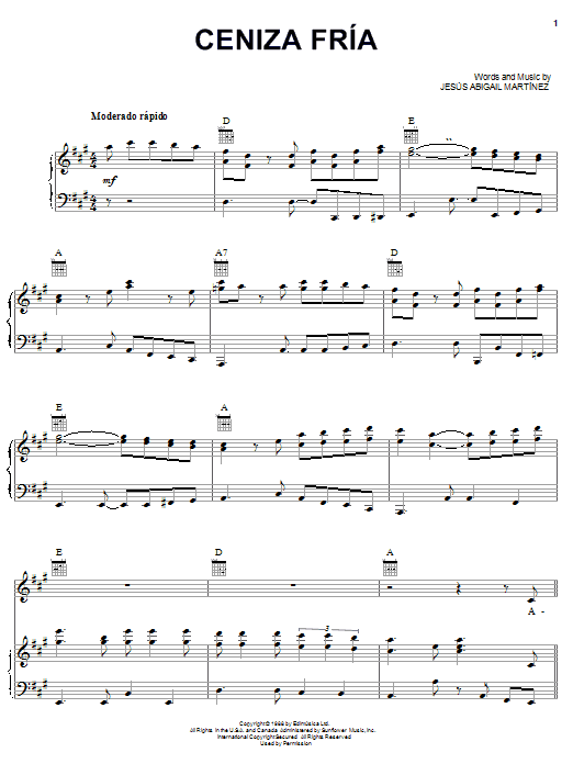 Learn to play Jesus Abigail Martinez Ceniza Fría sheet music for Piano, Vocal & Guitar Chords (Right-Hand Melody) in minutes. Price: 7.8900$ Jesus Abigail Martinez Ceniza Fría sheet music notes and chords arranged for Piano, Vocal & Guitar Chords (Right-Hand Melody)
