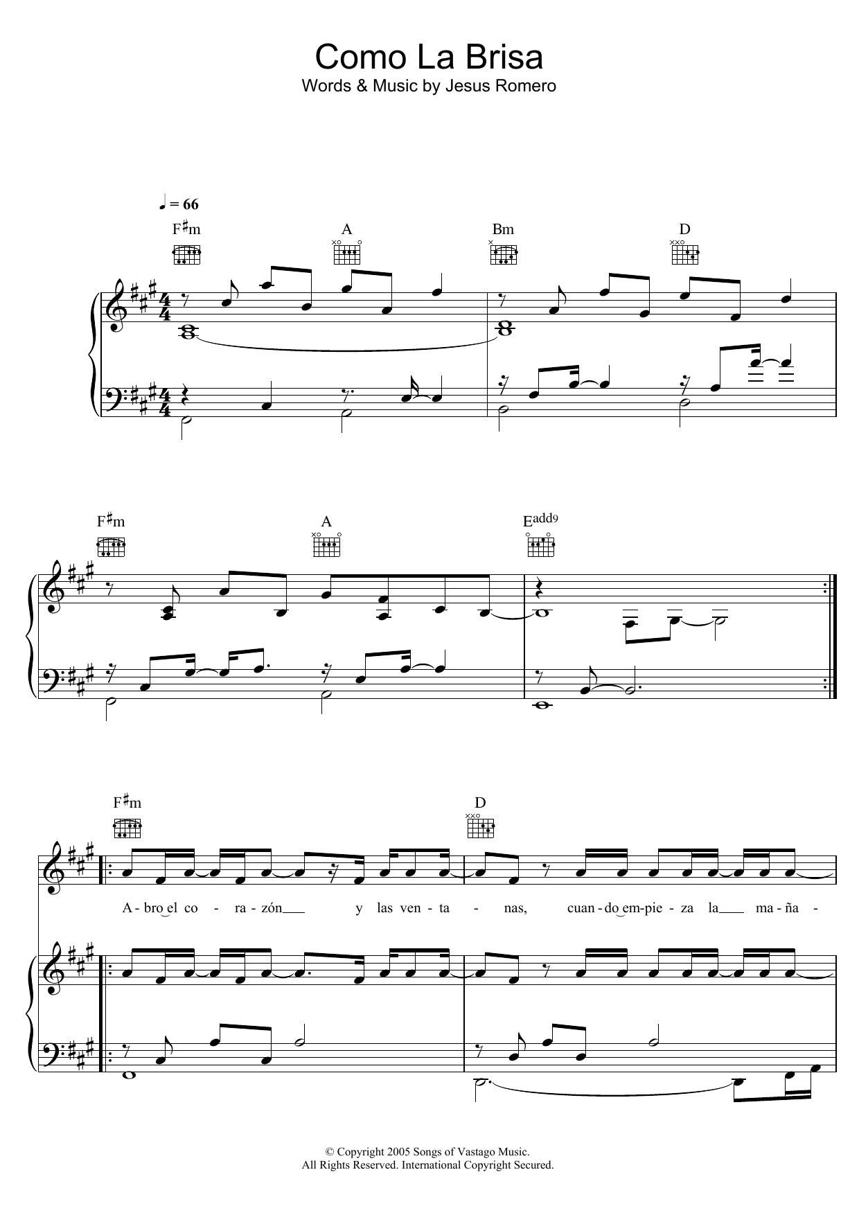 Learn to play Jesus Adrian Romero Como La Brisa sheet music for Piano, Vocal & Guitar Chords in minutes. Price: 7.8900$ Jesus Adrian Romero Como La Brisa sheet music notes and chords arranged for Piano, Vocal & Guitar Chords