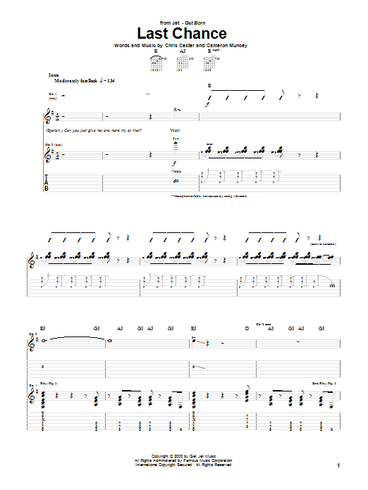 Learn to play Jet Last Chance sheet music for Guitar Tab in minutes. Price: 7.8900$ Jet Last Chance sheet music notes and chords arranged for Guitar Tab
