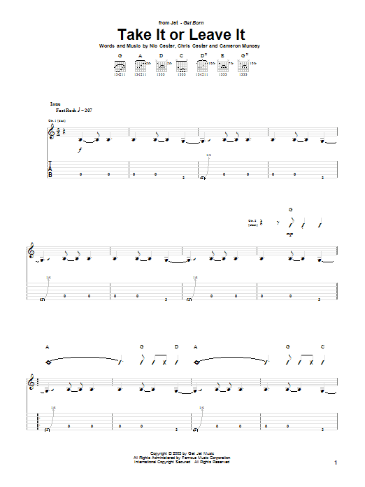 Learn to play Jet Take It Or Leave It sheet music for Guitar Tab in minutes. Price: 7.8900$ Jet Take It Or Leave It sheet music notes and chords arranged for Guitar Tab