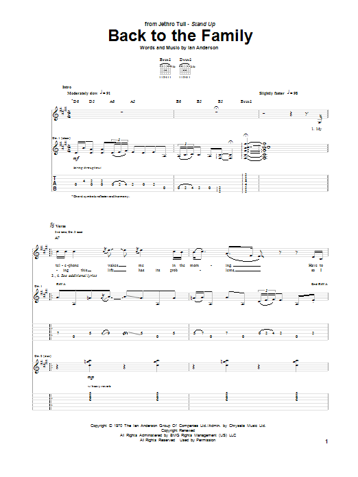 Learn to play Jethro Tull Back To The Family sheet music for Guitar Tab in minutes. Price: 7.8900$ Jethro Tull Back To The Family sheet music notes and chords arranged for Guitar Tab