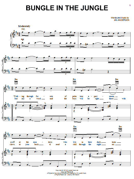 Learn to play Jethro Tull Bungle In The Jungle sheet music for Piano, Vocal & Guitar Chords (Right-Hand Melody) in minutes. Price: 7.8900$ Jethro Tull Bungle In The Jungle sheet music notes and chords arranged for Piano, Vocal & Guitar Chords (Right-Hand Melody)