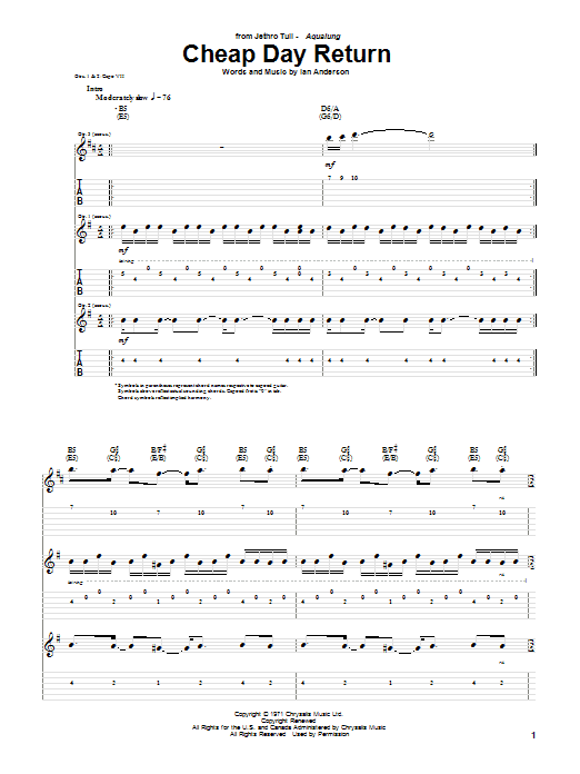 Learn to play Jethro Tull Cheap Day Return sheet music for Guitar Tab in minutes. Price: 7.8900$ Jethro Tull Cheap Day Return sheet music notes and chords arranged for Guitar Tab