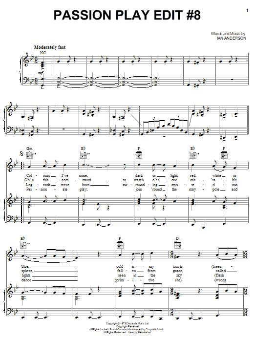Learn to play Jethro Tull Passion Play Edit #8 sheet music for Piano, Vocal & Guitar Chords (Right-Hand Melody) in minutes. Price: 7.8900$ Jethro Tull Passion Play Edit #8 sheet music notes and chords arranged for Piano, Vocal & Guitar Chords (Right-Hand Melody)