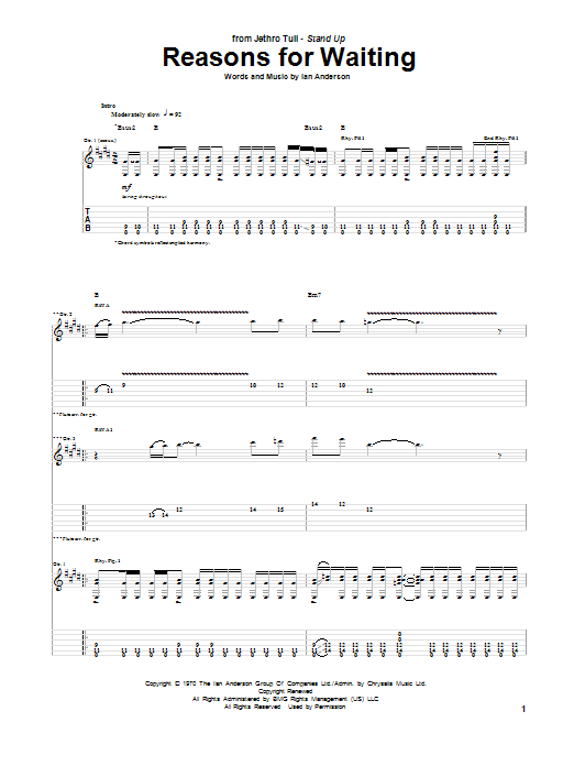 Jethro Tull Reasons For Waiting sheet music notes and chords. Download Printable PDF.