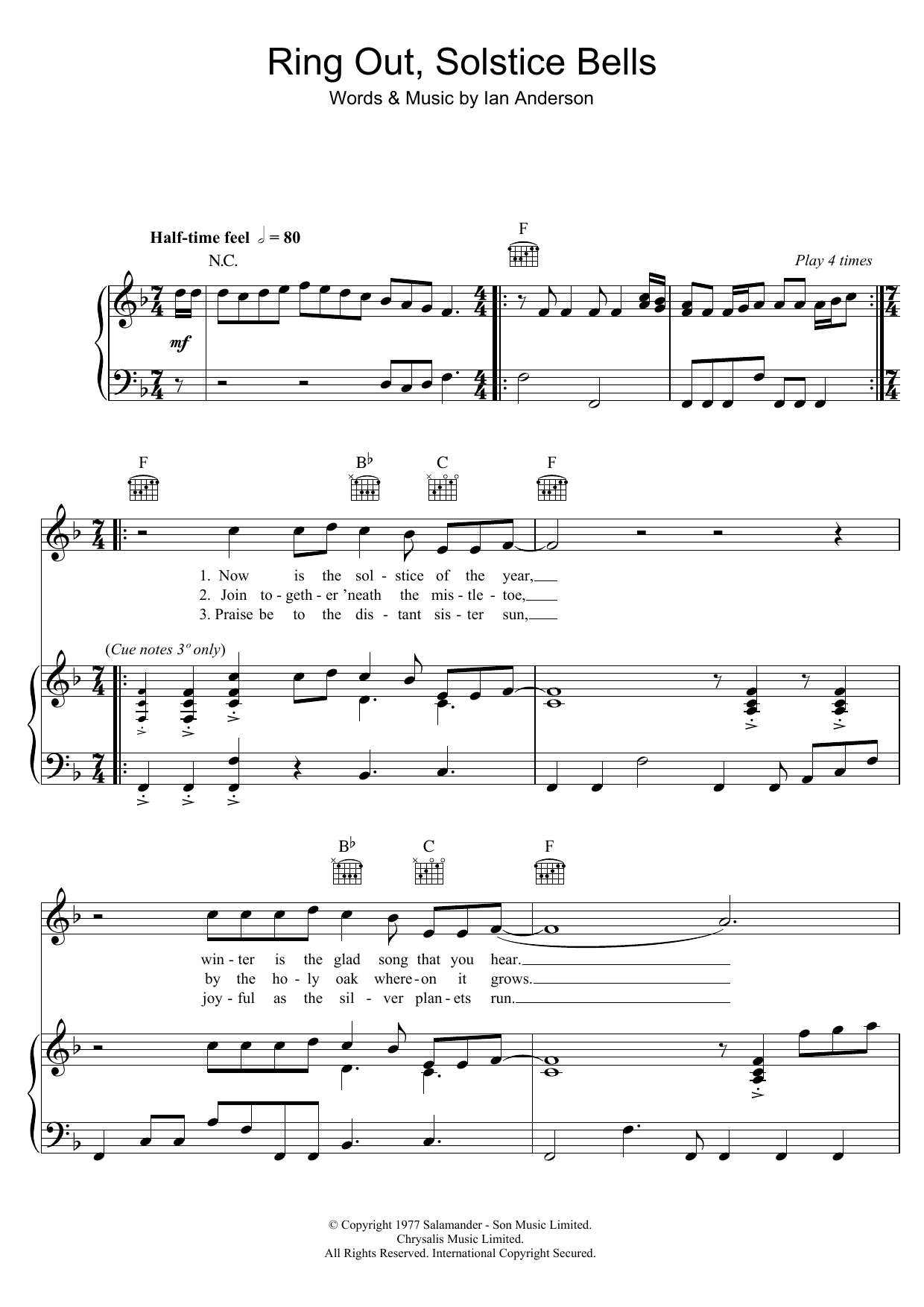 Jethro Tull Ring Out, Solstice Bells sheet music notes and chords. Download Printable PDF.