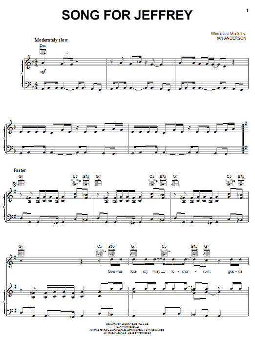 Learn to play Jethro Tull Song For Jeffrey sheet music for Piano, Vocal & Guitar Chords (Right-Hand Melody) in minutes. Price: 7.8900$ Jethro Tull Song For Jeffrey sheet music notes and chords arranged for Piano, Vocal & Guitar Chords (Right-Hand Melody)