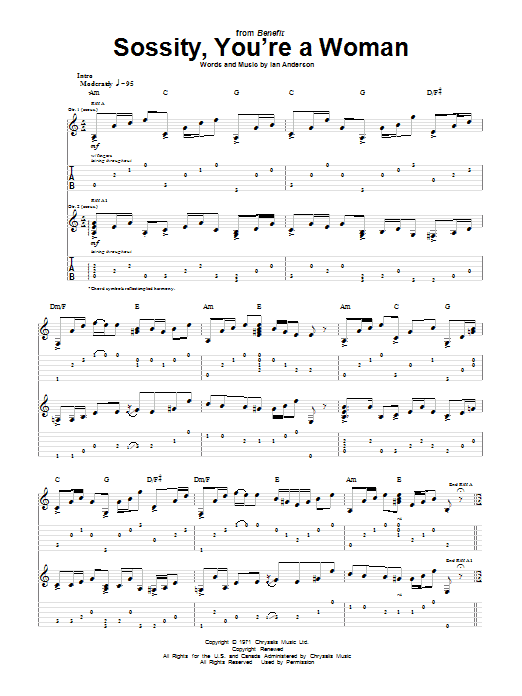 Learn to play Jethro Tull Sossity, You're A Woman sheet music for Guitar Tab in minutes. Price: 7.8900$ Jethro Tull Sossity, You're A Woman sheet music notes and chords arranged for Guitar Tab