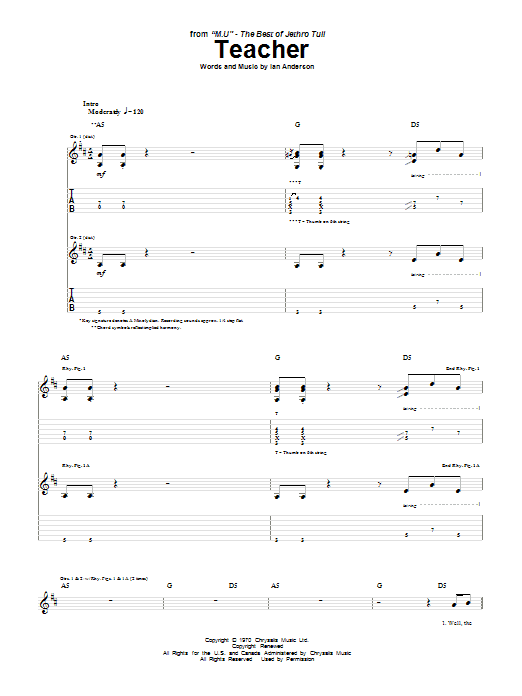 Jethro Tull Teacher sheet music notes and chords. Download Printable PDF.