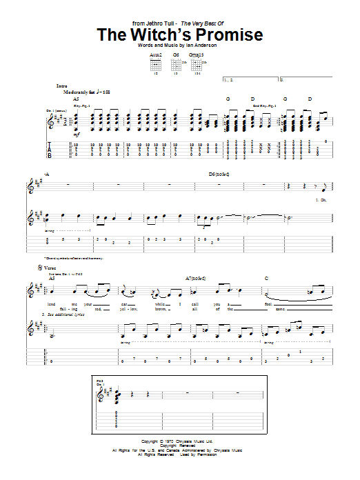 Jethro Tull The Witch's Promise sheet music notes and chords. Download Printable PDF.