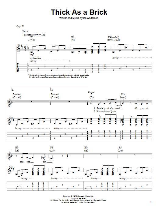 Jethro Tull Thick As A Brick sheet music notes and chords. Download Printable PDF.