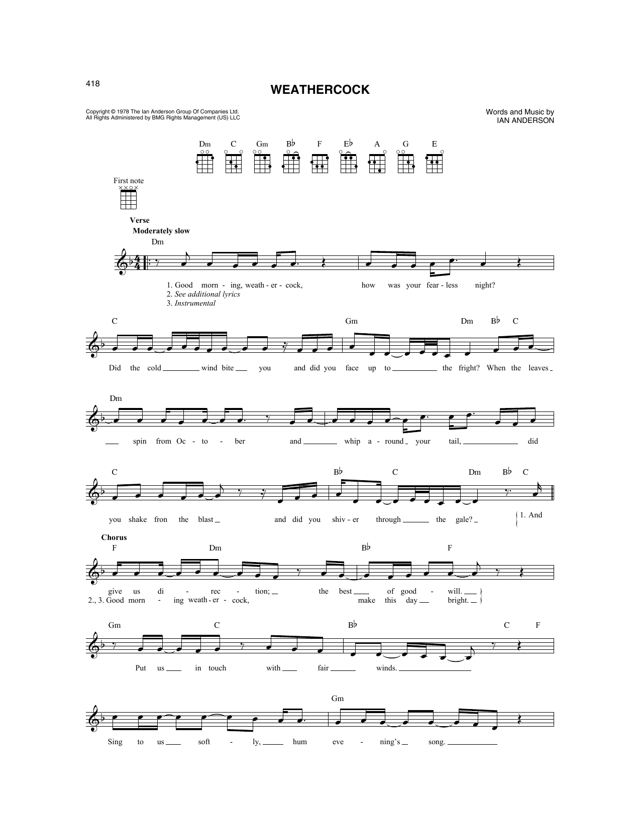 Jethro Tull Weathercock sheet music notes and chords. Download Printable PDF.