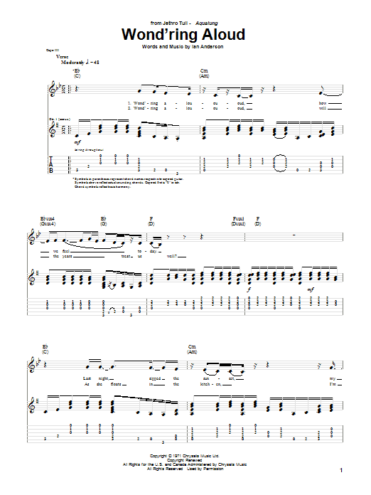 Jethro Tull Wond'ring Aloud sheet music notes and chords arranged for Guitar Tab
