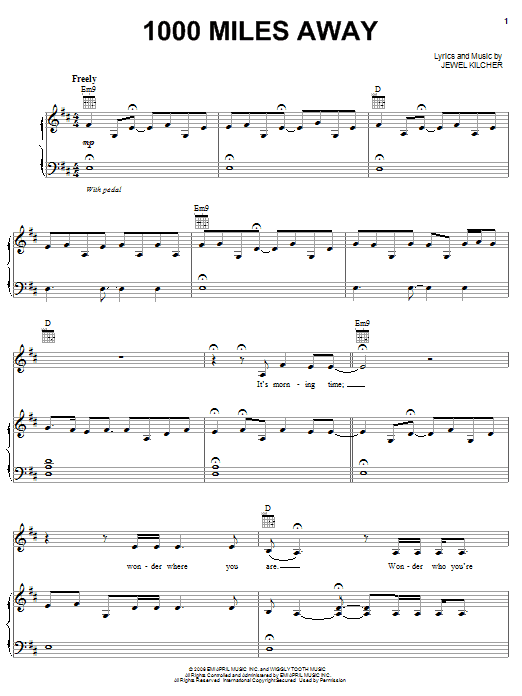 Learn to play Jewel 1000 Miles Away sheet music for Piano, Vocal & Guitar Chords (Right-Hand Melody) in minutes. Price: 7.8900$ Jewel 1000 Miles Away sheet music notes and chords arranged for Piano, Vocal & Guitar Chords (Right-Hand Melody)