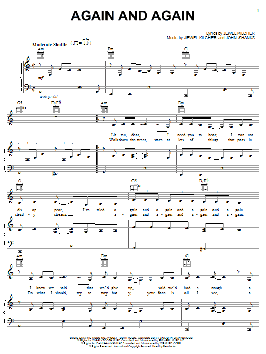 Learn to play Jewel Again And Again sheet music for Piano, Vocal & Guitar Chords (Right-Hand Melody) in minutes. Price: 7.8900$ Jewel Again And Again sheet music notes and chords arranged for Piano, Vocal & Guitar Chords (Right-Hand Melody)