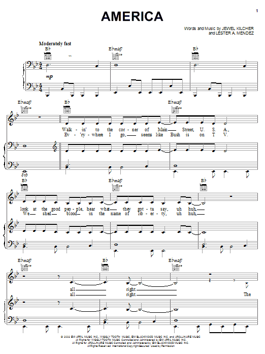 Learn to play Jewel America sheet music for Piano, Vocal & Guitar Chords (Right-Hand Melody) in minutes. Price: 7.8900$ Jewel America sheet music notes and chords arranged for Piano, Vocal & Guitar Chords (Right-Hand Melody)