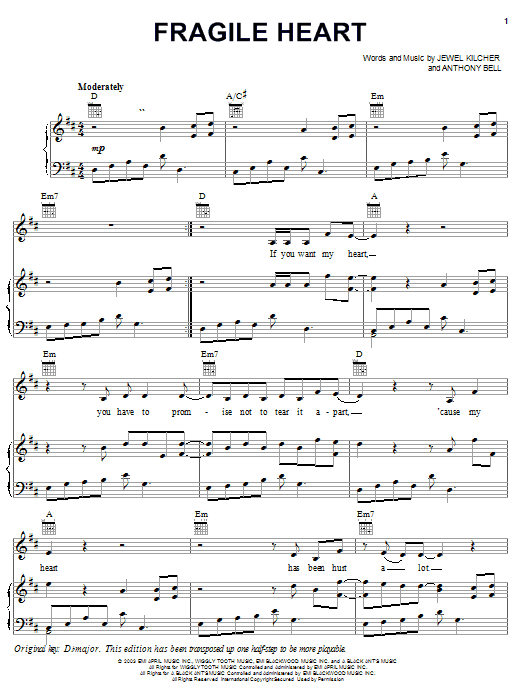 Learn to play Jewel Fragile Heart sheet music for Piano, Vocal & Guitar Chords (Right-Hand Melody) in minutes. Price: 7.8900$ Jewel Fragile Heart sheet music notes and chords arranged for Piano, Vocal & Guitar Chords (Right-Hand Melody)