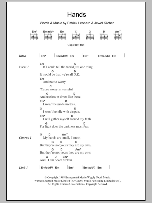 Jewel Hands sheet music notes and chords arranged for Guitar Chords/Lyrics