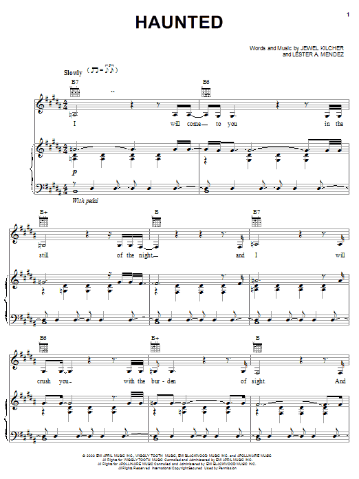 Learn to play Jewel Haunted sheet music for Piano, Vocal & Guitar Chords (Right-Hand Melody) in minutes. Price: 7.8900$ Jewel Haunted sheet music notes and chords arranged for Piano, Vocal & Guitar Chords (Right-Hand Melody)