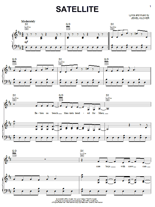 Learn to play Jewel Satellite sheet music for Piano, Vocal & Guitar Chords (Right-Hand Melody) in minutes. Price: 7.8900$ Jewel Satellite sheet music notes and chords arranged for Piano, Vocal & Guitar Chords (Right-Hand Melody)