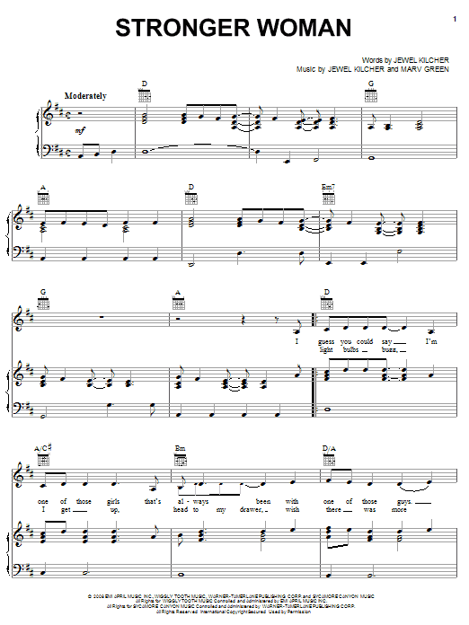Learn to play Jewel Stronger Woman sheet music for Piano, Vocal & Guitar Chords (Right-Hand Melody) in minutes. Price: 7.8900$ Jewel Stronger Woman sheet music notes and chords arranged for Piano, Vocal & Guitar Chords (Right-Hand Melody)
