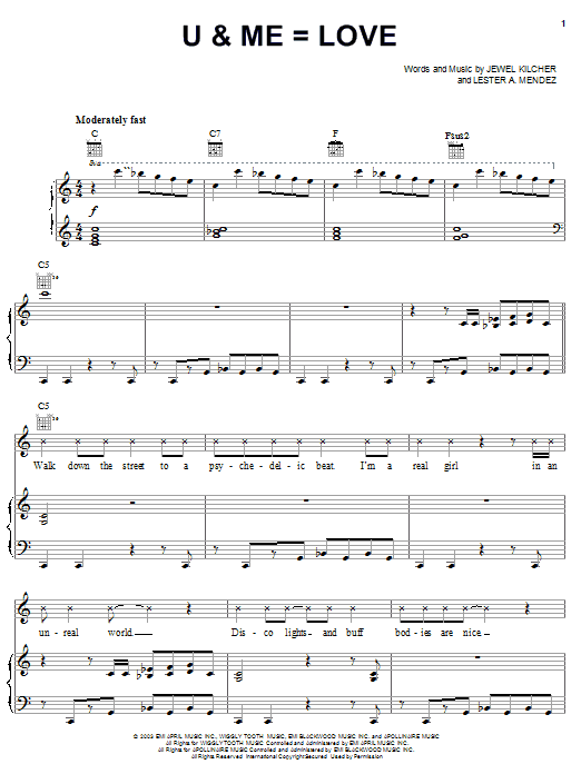 Jewel U & Me=Love sheet music notes and chords arranged for Piano, Vocal & Guitar Chords (Right-Hand Melody)