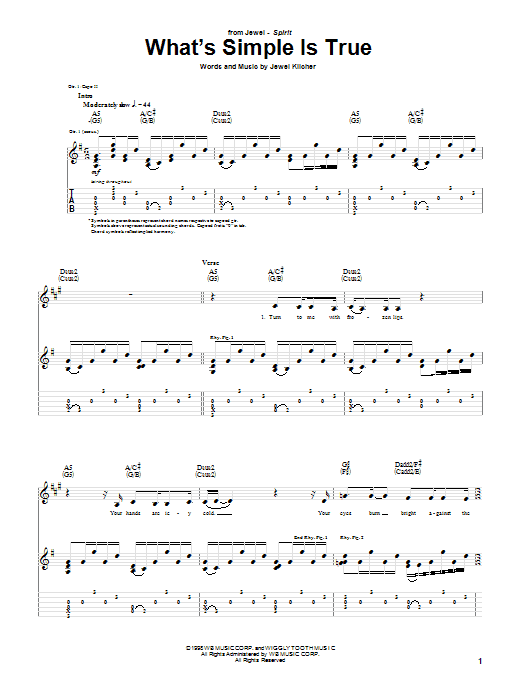 Learn to play Jewel What's Simple Is True sheet music for Guitar Tab in minutes. Price: 7.8900$ Jewel What's Simple Is True sheet music notes and chords arranged for Guitar Tab