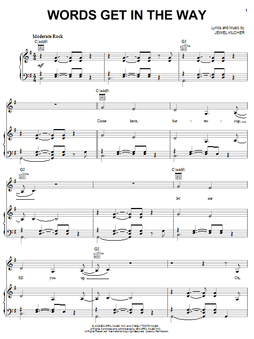 Learn to play Jewel Words Get In The Way sheet music for Piano, Vocal & Guitar Chords (Right-Hand Melody) in minutes. Price: 7.8900$ Jewel Words Get In The Way sheet music notes and chords arranged for Piano, Vocal & Guitar Chords (Right-Hand Melody)
