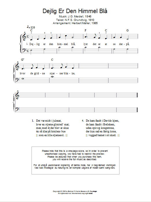 J.G. Meidell Dejlig Er Den Himmel Blå sheet music notes and chords arranged for Piano Solo