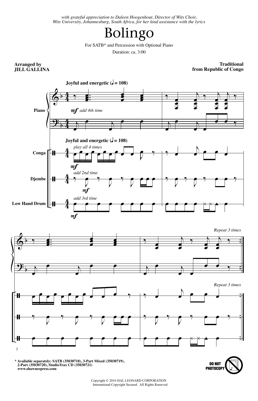 Learn to play Jill Gallina Bolingo sheet music for SATB Choir in minutes. Price: 3.9900$ Jill Gallina Bolingo sheet music notes and chords arranged for SATB Choir