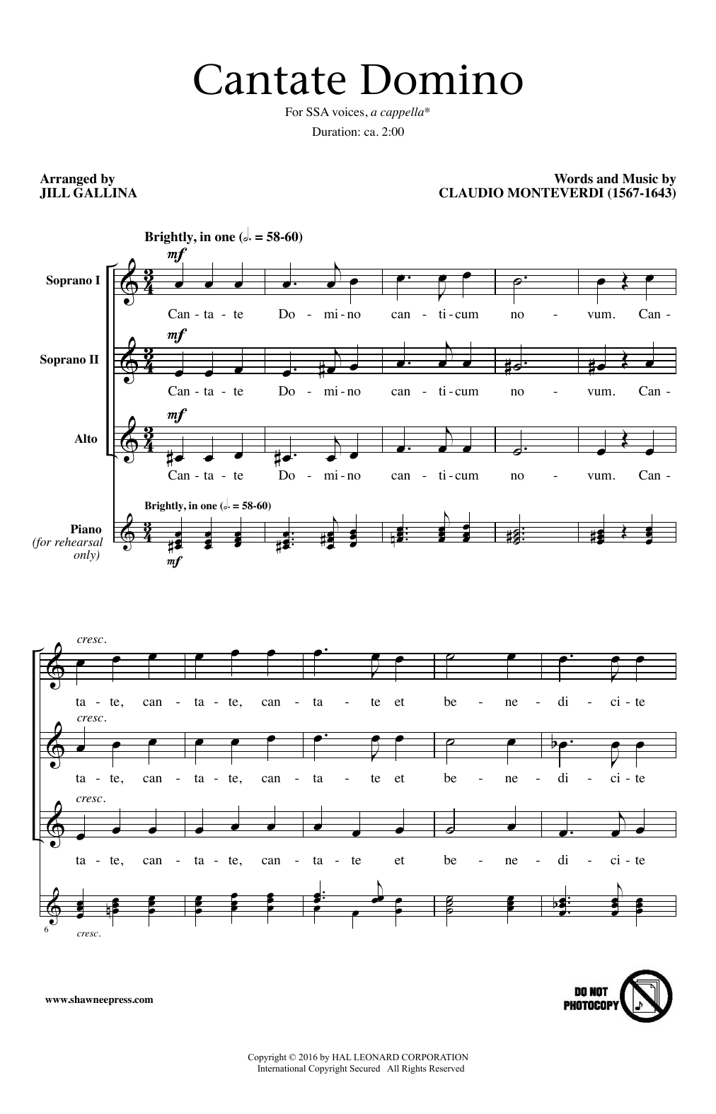 Jill Gallina Cantate Domino sheet music notes and chords. Download Printable PDF.