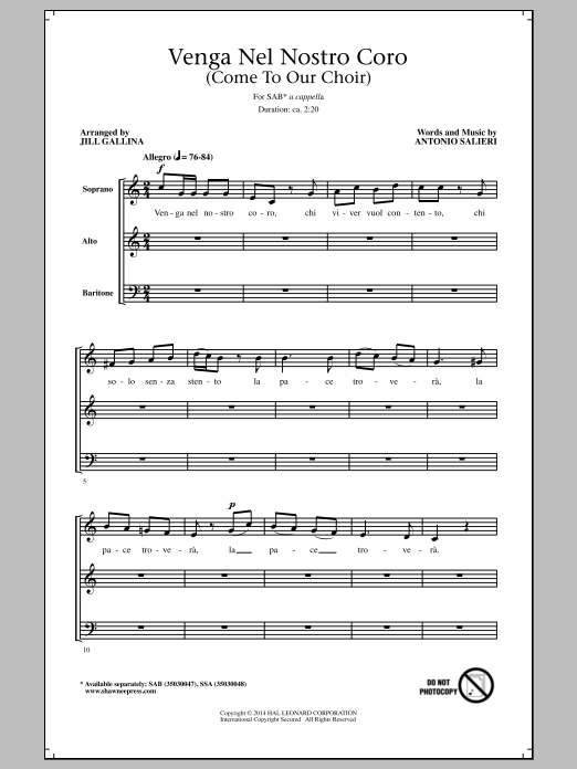 Learn to play Jill Gallina Venga Nel Nostro Coro sheet music for SAB Choir in minutes. Price: 3.9900$ Jill Gallina Venga Nel Nostro Coro sheet music notes and chords arranged for SAB Choir