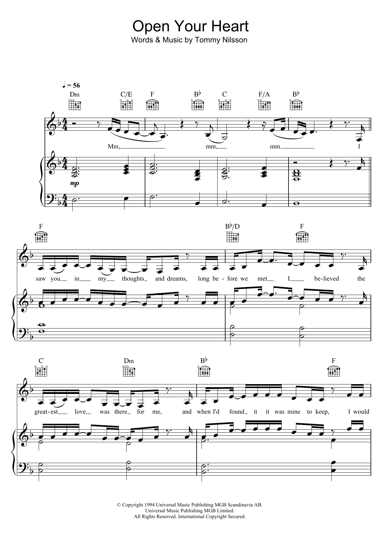 Learn to play Jill Johnson Open Your Heart (Öppna Din Dörr) sheet music for Piano, Vocal & Guitar Chords in minutes. Price: 7.8900$ Jill Johnson Open Your Heart (Öppna Din Dörr) sheet music notes and chords arranged for Piano, Vocal & Guitar Chords