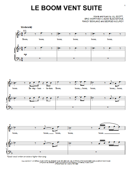 Learn to play Jill Scott Le Boom Vent Suite sheet music for Piano, Vocal & Guitar Chords (Right-Hand Melody) in minutes. Price: 7.8900$ Jill Scott Le Boom Vent Suite sheet music notes and chords arranged for Piano, Vocal & Guitar Chords (Right-Hand Melody)