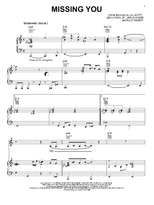 Learn to play Jill Scott Missing You sheet music for Piano, Vocal & Guitar Chords (Right-Hand Melody) in minutes. Price: 7.8900$ Jill Scott Missing You sheet music notes and chords arranged for Piano, Vocal & Guitar Chords (Right-Hand Melody)