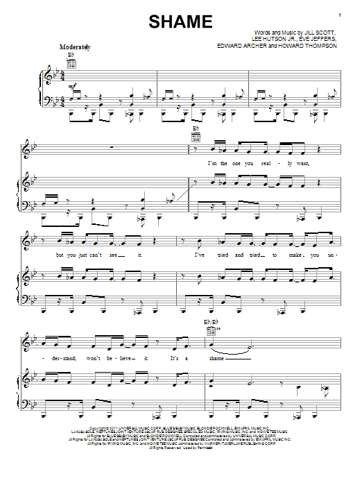 Learn to play Jill Scott Shame sheet music for Piano, Vocal & Guitar Chords (Right-Hand Melody) in minutes. Price: 7.8900$ Jill Scott Shame sheet music notes and chords arranged for Piano, Vocal & Guitar Chords (Right-Hand Melody)