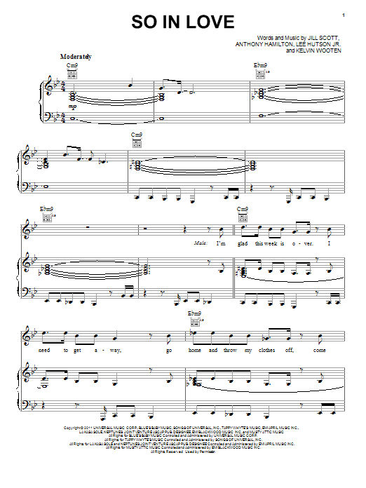 Learn to play Jill Scott So In Love sheet music for Piano, Vocal & Guitar Chords (Right-Hand Melody) in minutes. Price: 7.8900$ Jill Scott So In Love sheet music notes and chords arranged for Piano, Vocal & Guitar Chords (Right-Hand Melody)